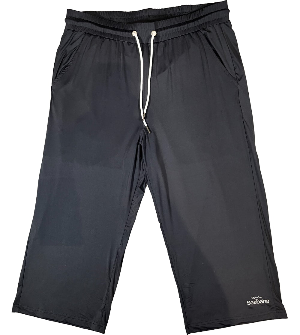 Black long swim shorts, with white logo and waistband – Seabaha