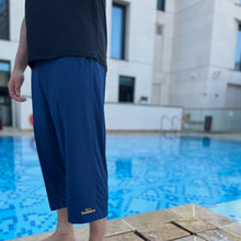 Load image into Gallery viewer, Blue swim shorts, with yellow logo and waistband
